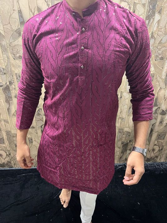 Elegant Cotton Burgundy Kurta with Subtle Sequin Detailing – Festive & Casual Wear - A1