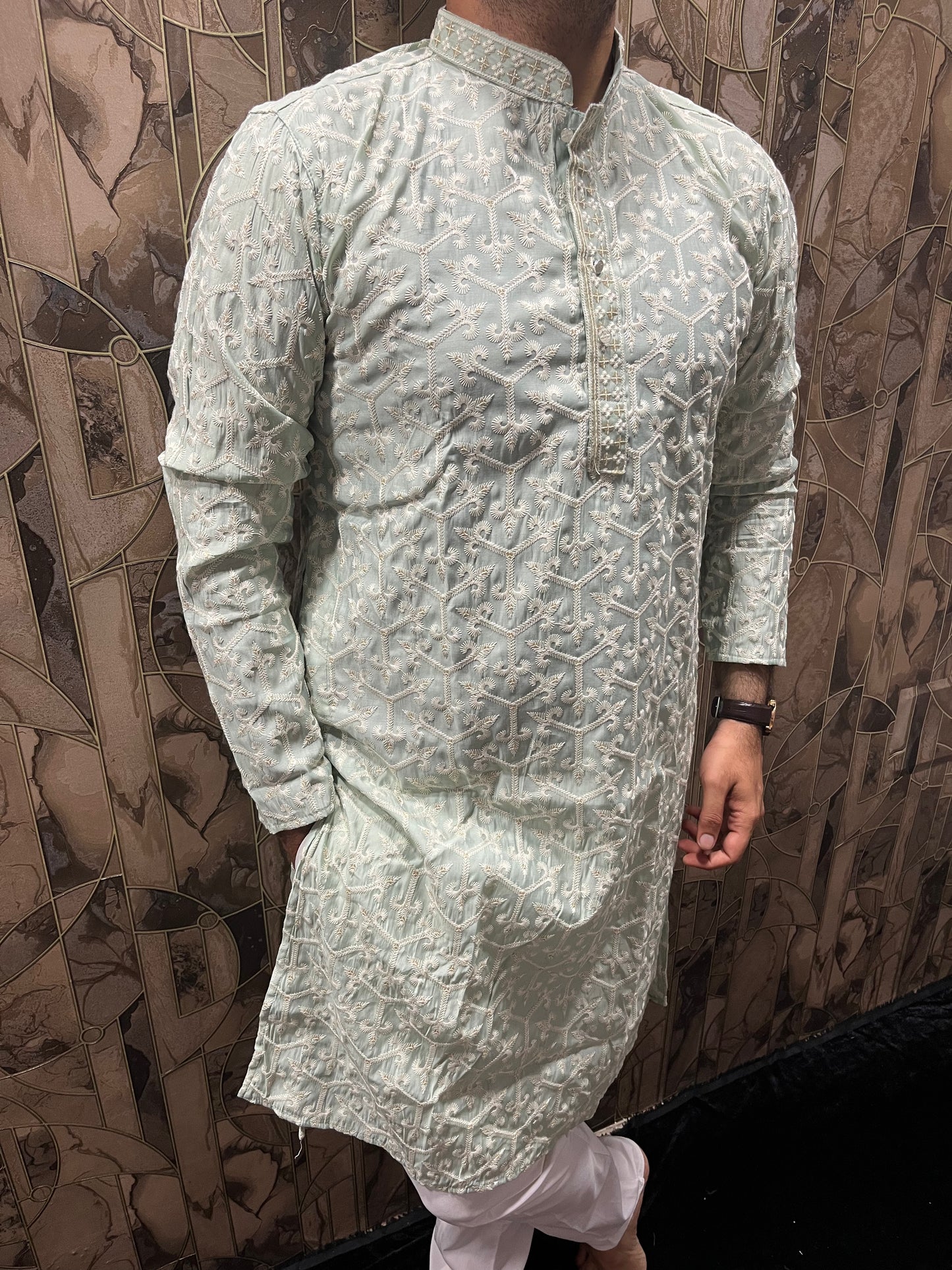 Men’s Cotton Light Green Kurta – Embroidery Design with Gold Sequence Work - A15
