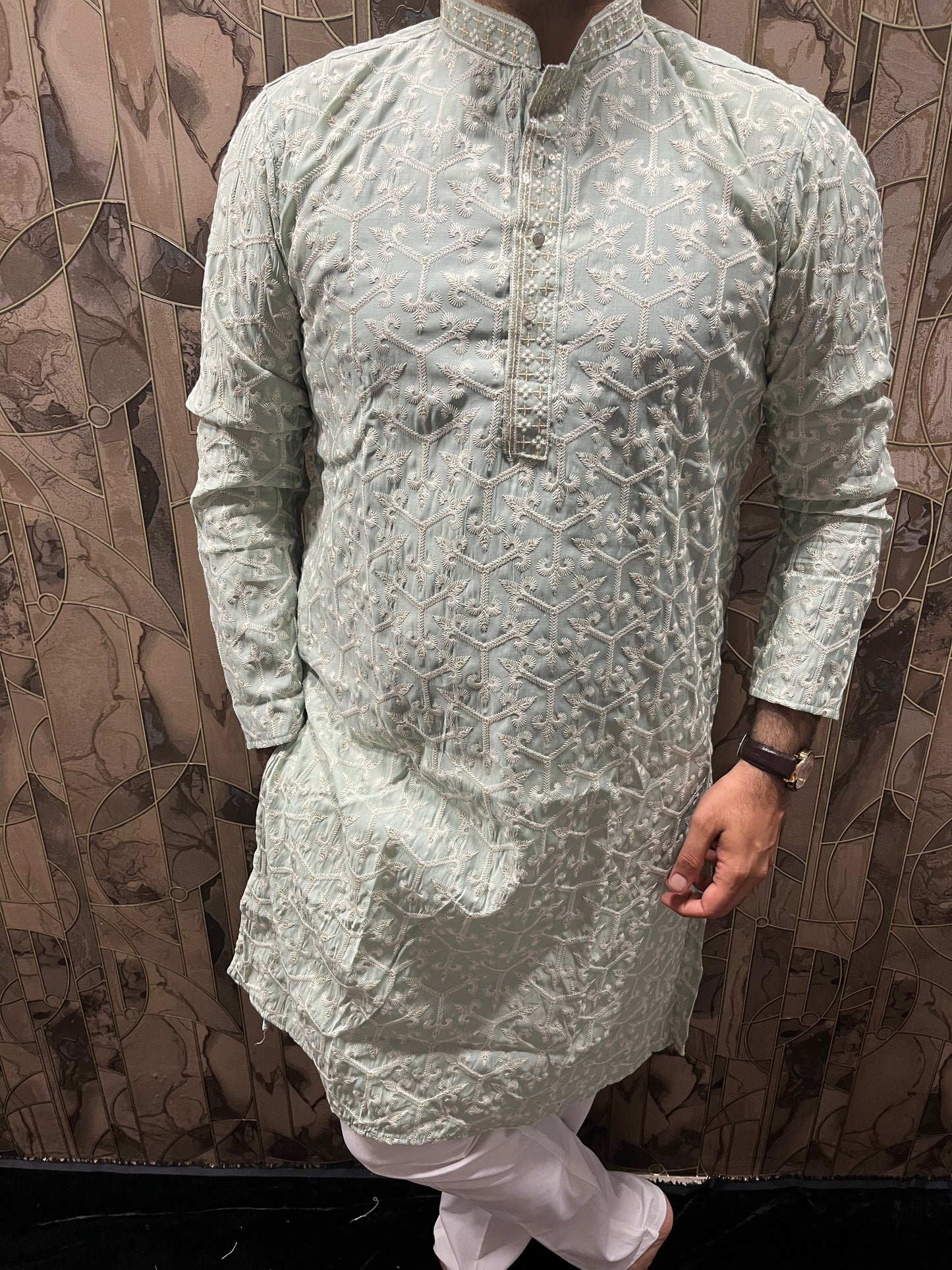 Men’s Cotton Light Green Kurta – Embroidery Design with Gold Sequence Work - A15