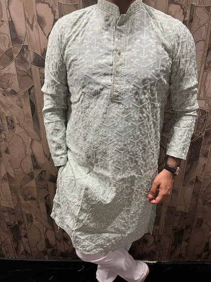 Men’s Cotton Light Green Kurta – Embroidery Design with Gold Sequence Work - A15