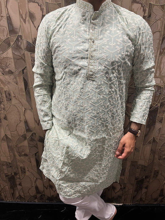 Men’s Cotton Light Green Kurta – Embroidery Design with Gold Sequence Work - A15