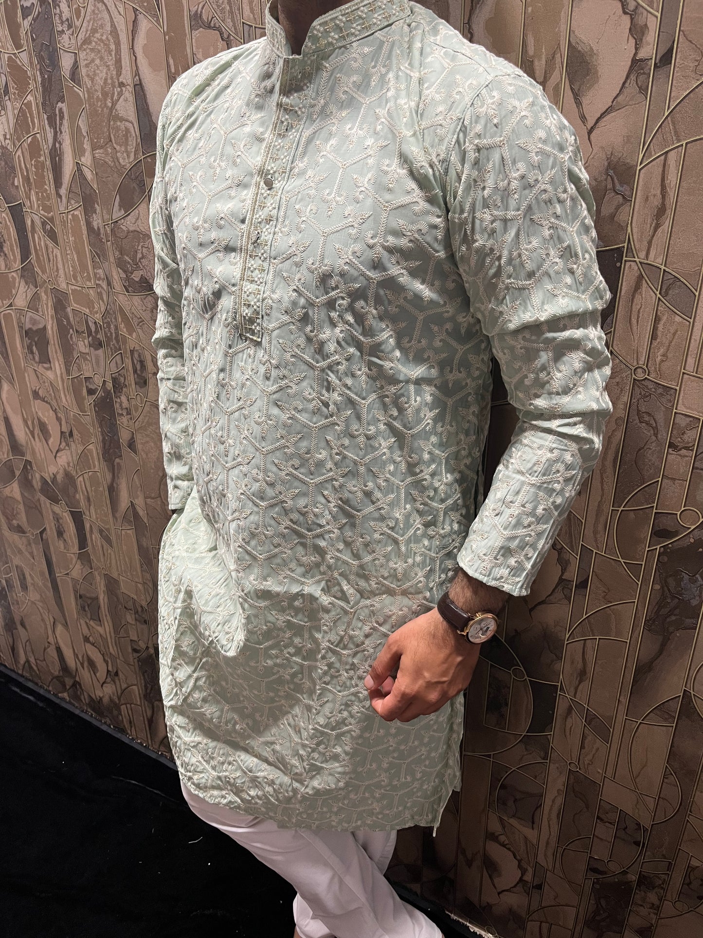 Men’s Cotton Light Green Kurta – Embroidery Design with Gold Sequence Work - A15