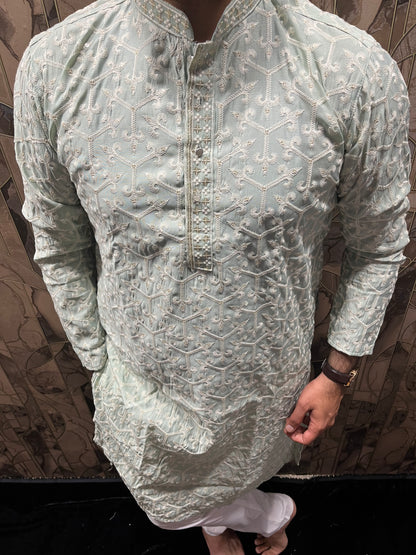 Men’s Cotton Light Green Kurta – Embroidery Design with Gold Sequence Work - A15
