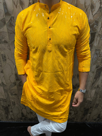Elegant Cotton Yellow Kurta with Subtle Sequin Detailing – Festive & Casual Wear A1