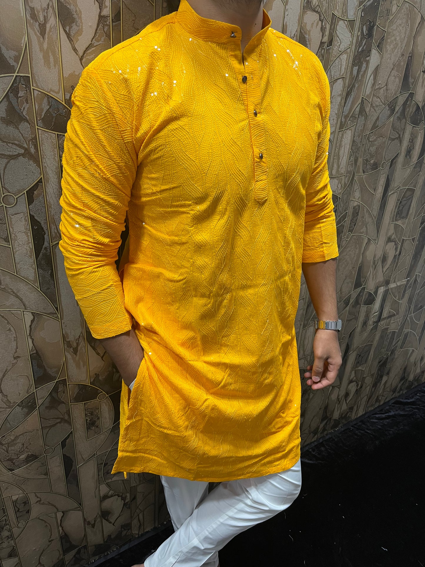 Elegant Cotton Yellow Kurta with Subtle Sequin Detailing – Festive & Casual Wear A1