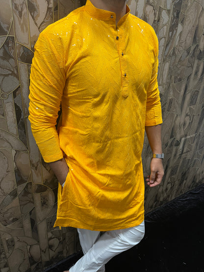 Elegant Cotton Yellow Kurta with Subtle Sequin Detailing – Festive & Casual Wear A1