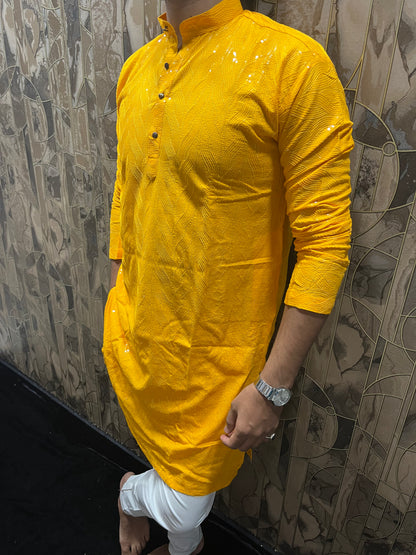 Elegant Cotton Yellow Kurta with Subtle Sequin Detailing – Festive & Casual Wear A1