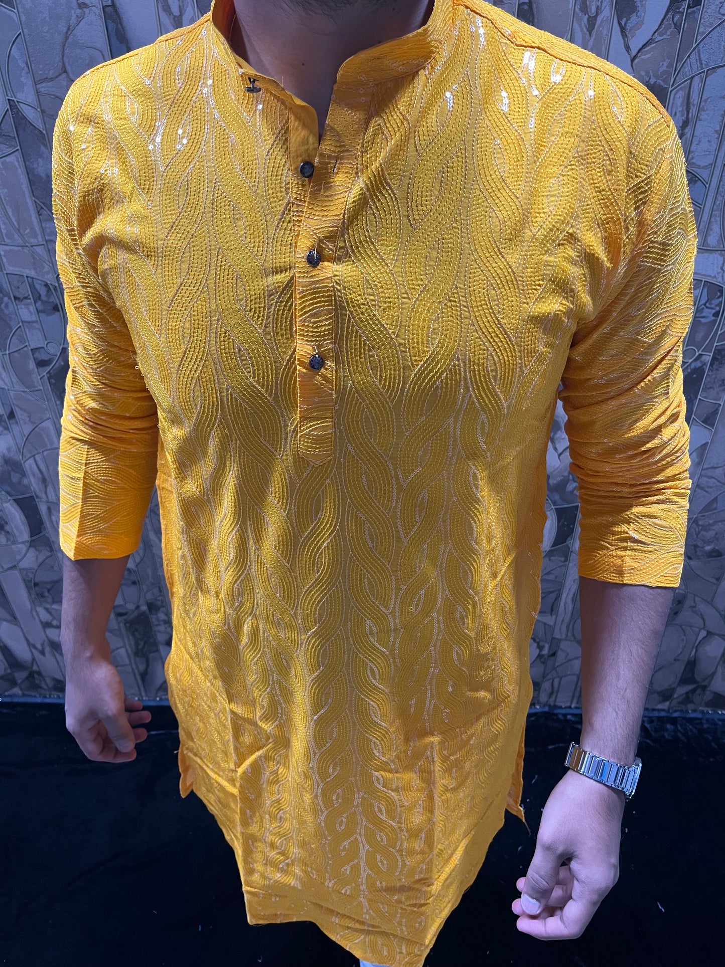 Elegant Cotton Yellow Kurta with Subtle Sequin Detailing – Festive & Casual Wear A1