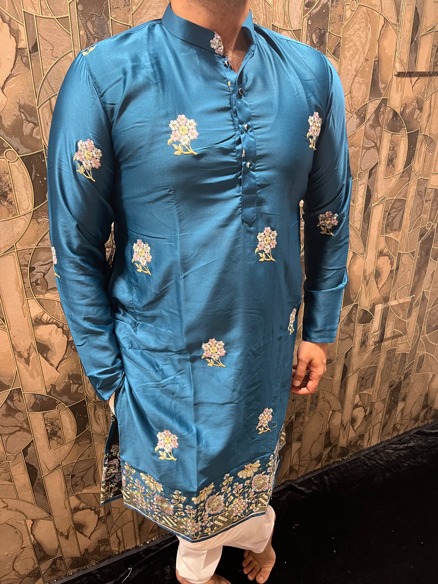 Men’s Silk Teal Kurta – Floral Embroidery with Daman Work for Festive Wear - A16
