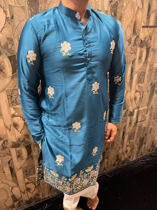 Men’s Silk Teal Kurta – Floral Embroidery with Daman Work for Festive Wear - A16