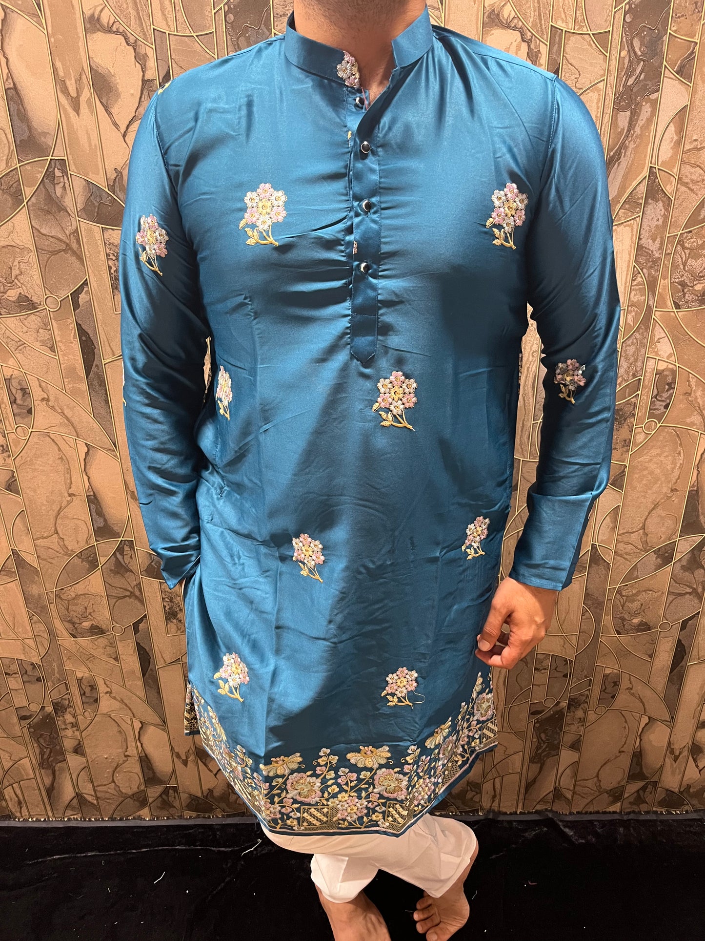 Men’s Silk Teal Kurta – Floral Embroidery with Daman Work for Festive Wear - A16