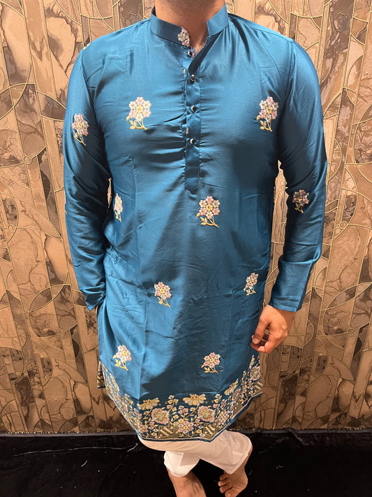 Men’s Silk Teal Kurta – Floral Embroidery with Daman Work for Festive Wear - A16