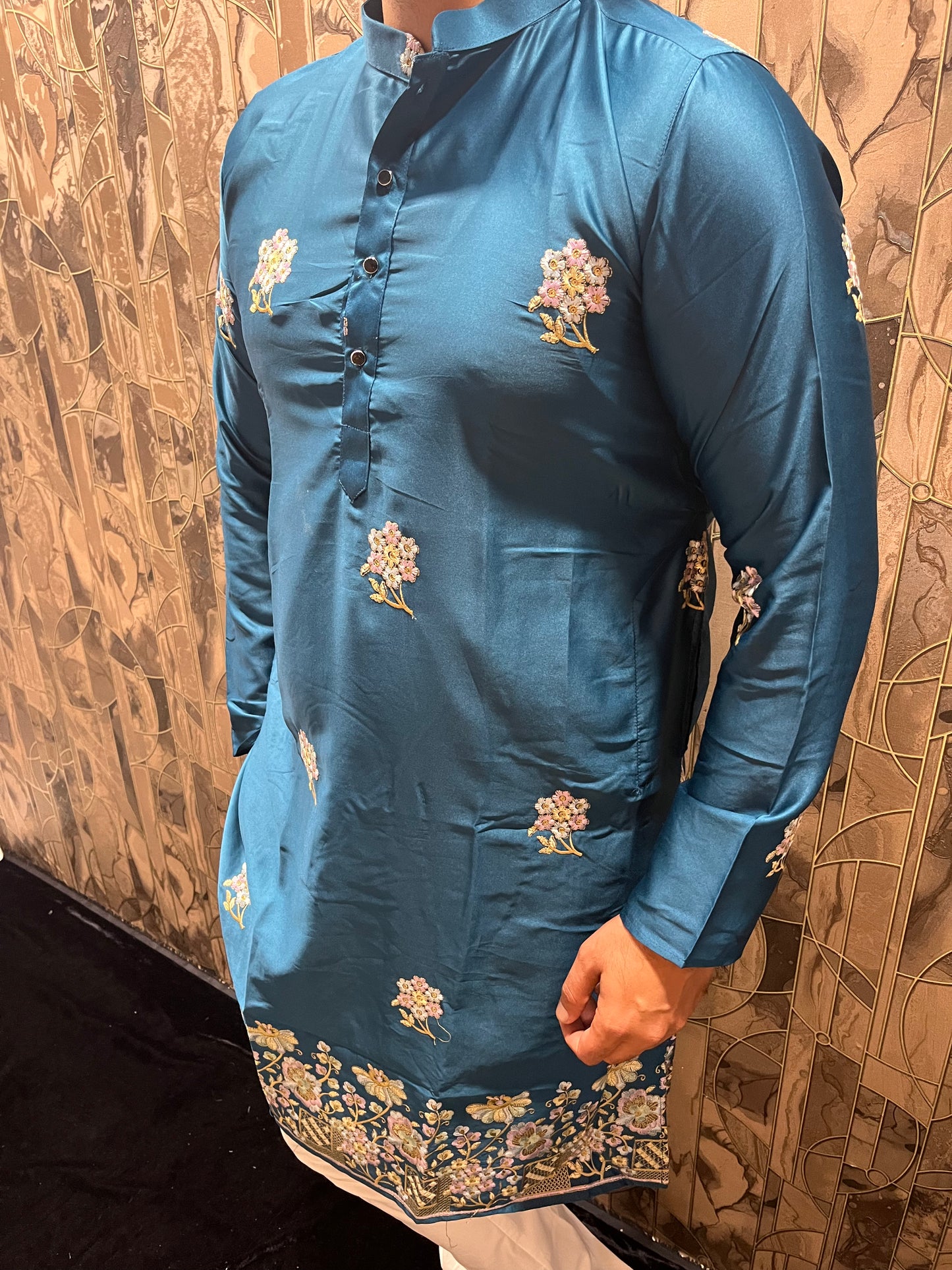 Men’s Silk Teal Kurta – Floral Embroidery with Daman Work for Festive Wear - A16