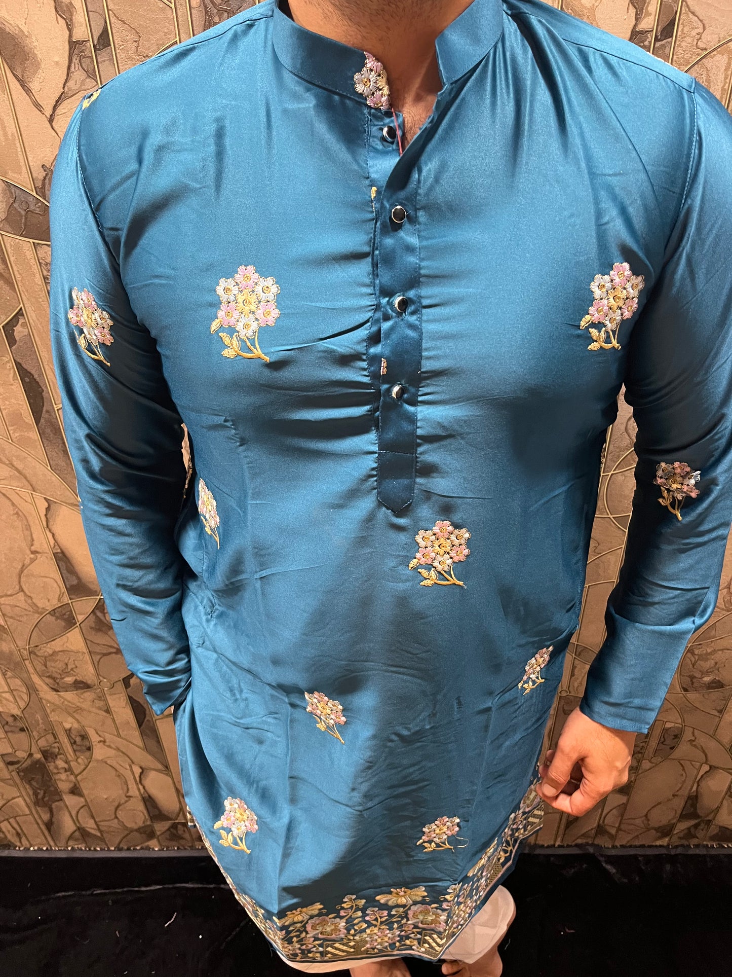 Men’s Silk Teal Kurta – Floral Embroidery with Daman Work for Festive Wear - A16
