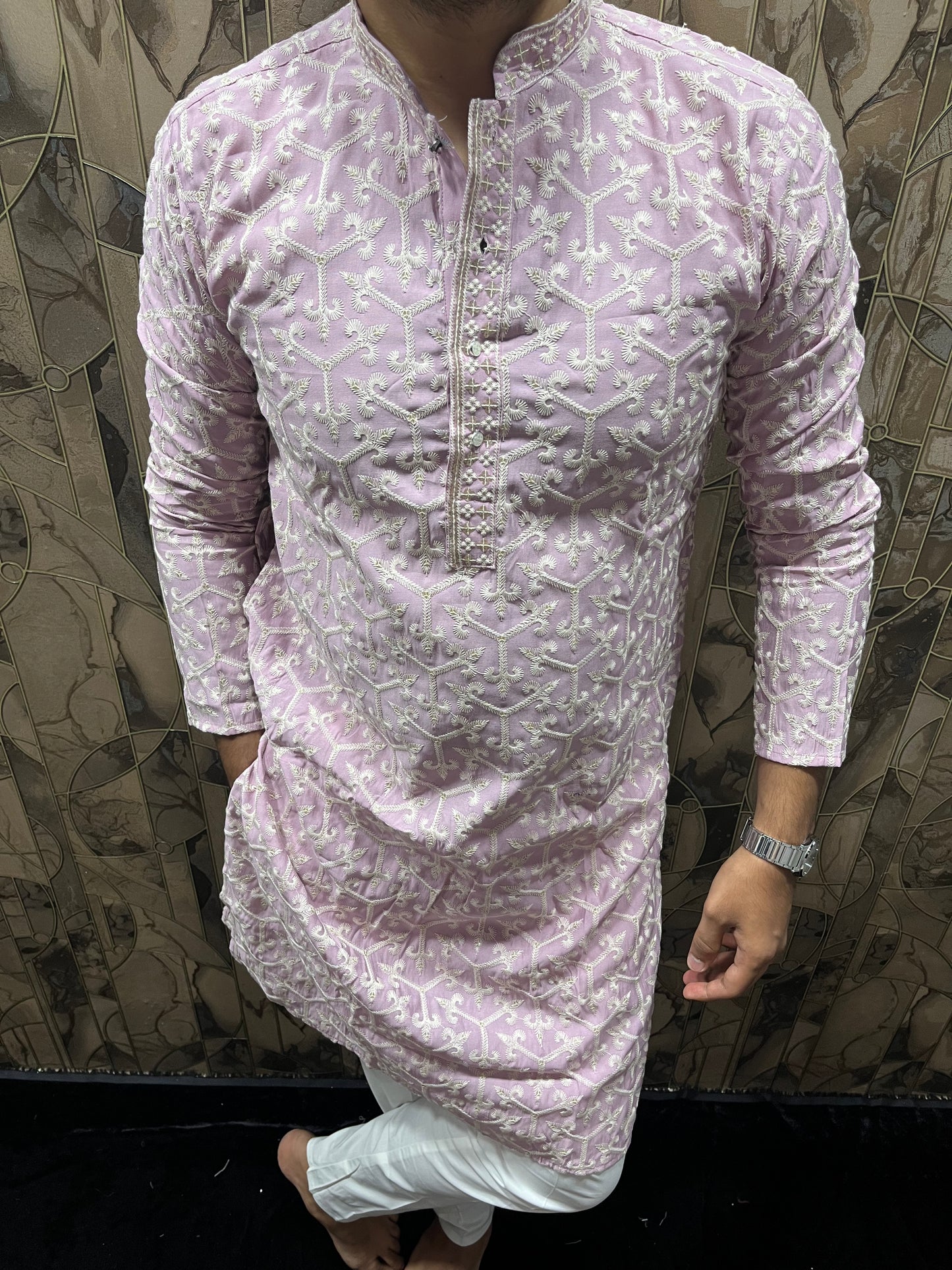 Men’s Cotton Light Pink Kurta – Embroidery Design with Gold Sequence Work - A15