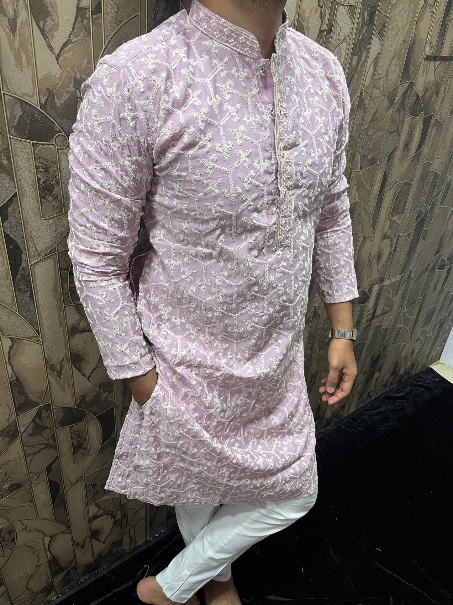 Men’s Cotton Light Pink Kurta – Embroidery Design with Gold Sequence Work - A15