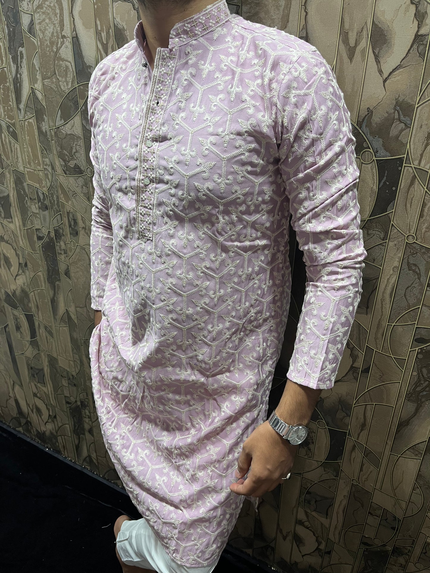 Men’s Cotton Light Pink Kurta – Embroidery Design with Gold Sequence Work - A15