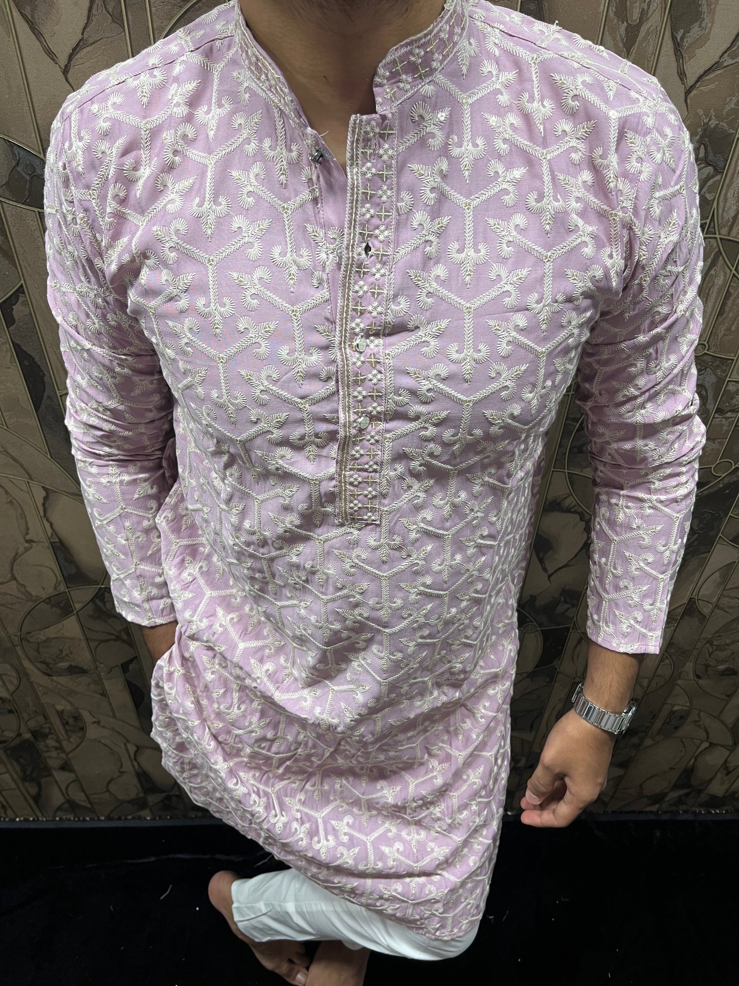 Men’s Cotton Light Pink Kurta – Embroidery Design with Gold Sequence Work - A15