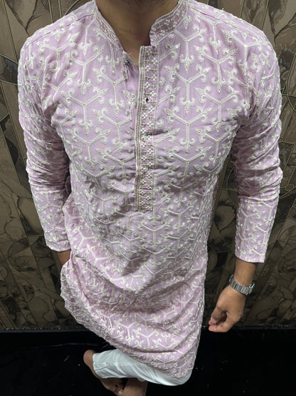 Men’s Cotton Light Pink Kurta – Embroidery Design with Gold Sequence Work - A15