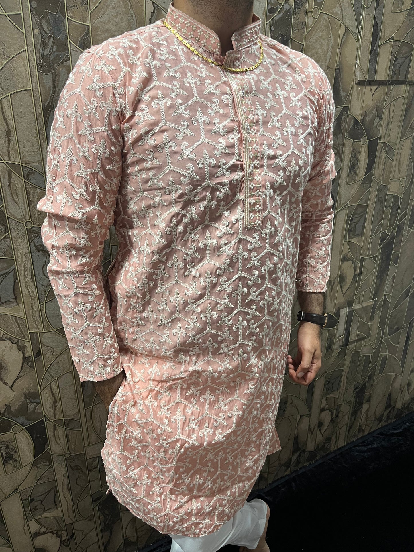 Men’s Cotton Light Orange Kurta – Embroidery Design with Gold Sequence Work - A15