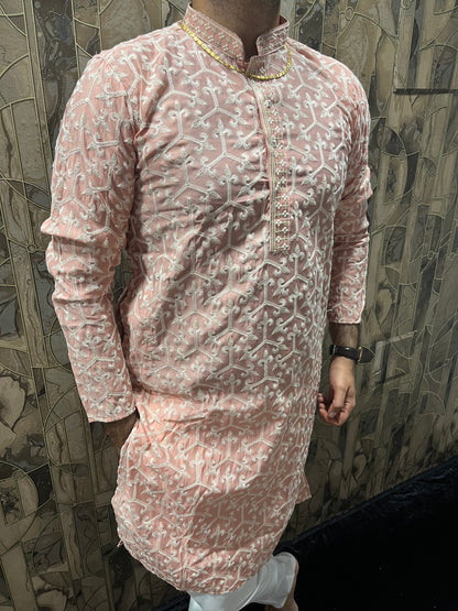 Men’s Cotton Light Orange Kurta – Embroidery Design with Gold Sequence Work - A15