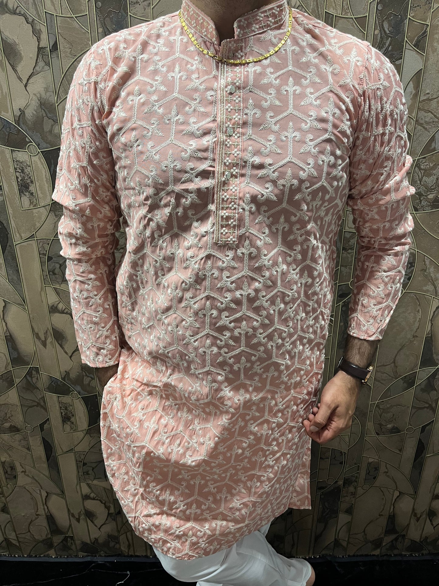 Men’s Cotton Light Orange Kurta – Embroidery Design with Gold Sequence Work - A15