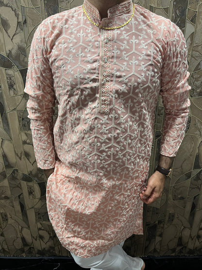Men’s Cotton Light Orange Kurta – Embroidery Design with Gold Sequence Work - A15