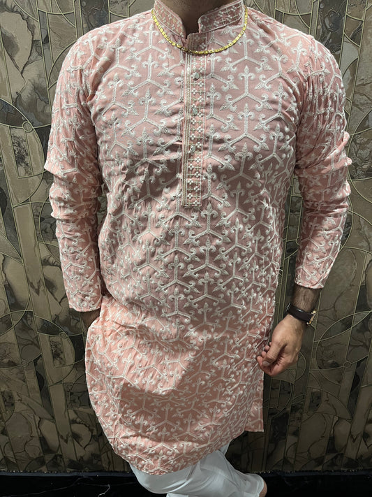 Men’s Cotton Light Orange Kurta – Embroidery Design with Gold Sequence Work - A15