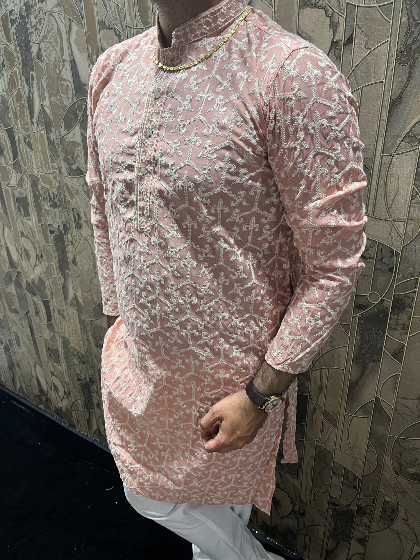 Men’s Cotton Light Orange Kurta – Embroidery Design with Gold Sequence Work - A15