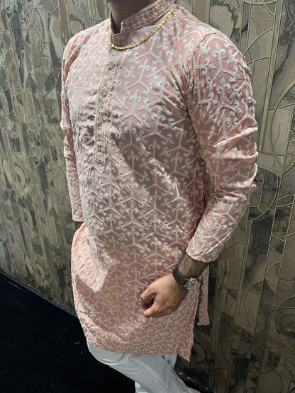 Men’s Cotton Light Orange Kurta – Embroidery Design with Gold Sequence Work - A15