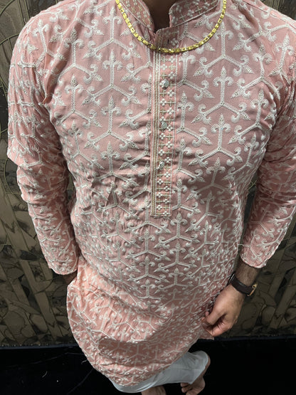 Men’s Cotton Light Orange Kurta – Embroidery Design with Gold Sequence Work - A15