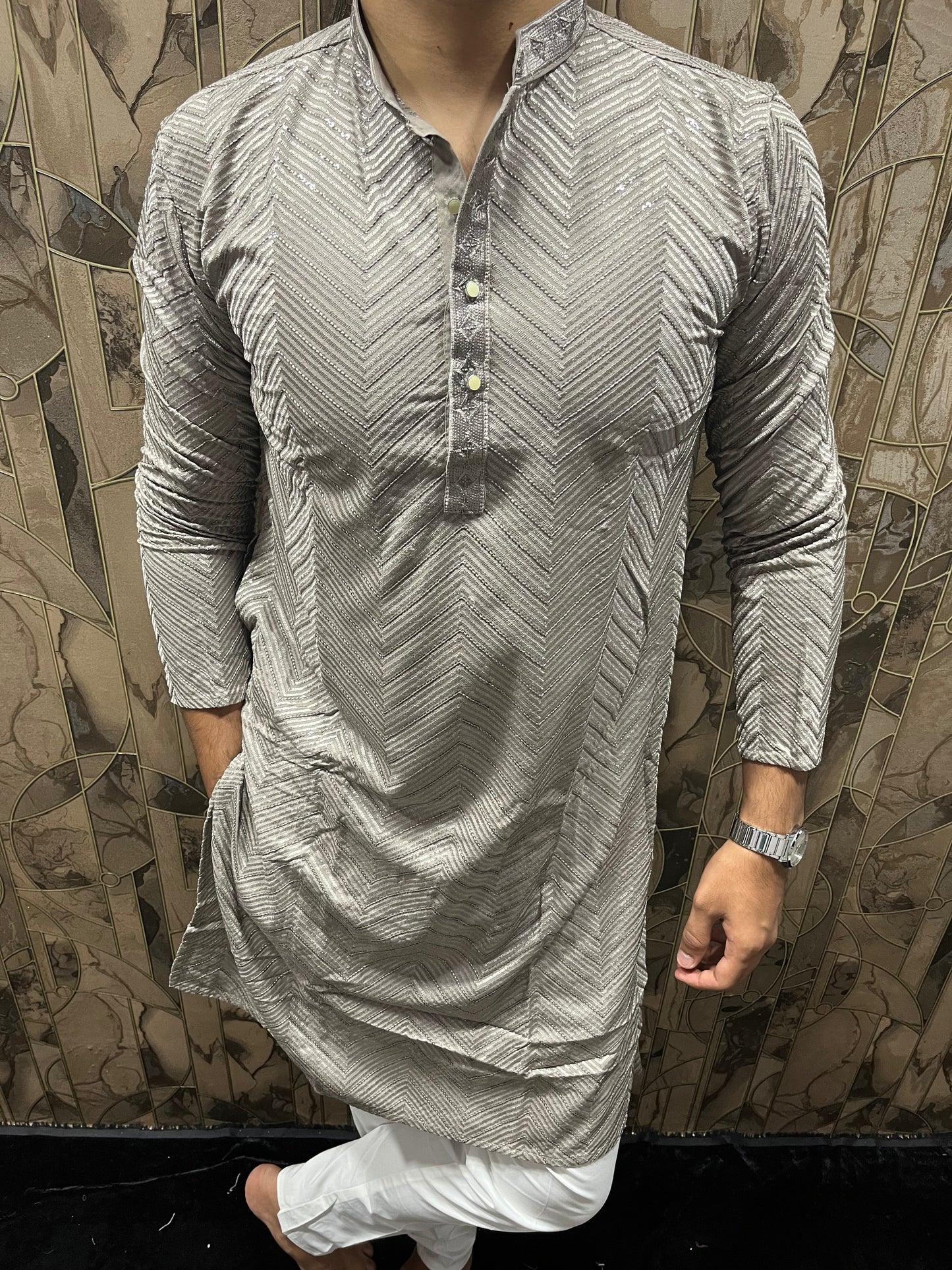 Men’s Festive Grey Kurta – Heavy Chikan with Subtle Sequence & W Pattern A13