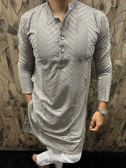 Men’s Festive Grey Kurta – Heavy Chikan with Subtle Sequence & W Pattern A13