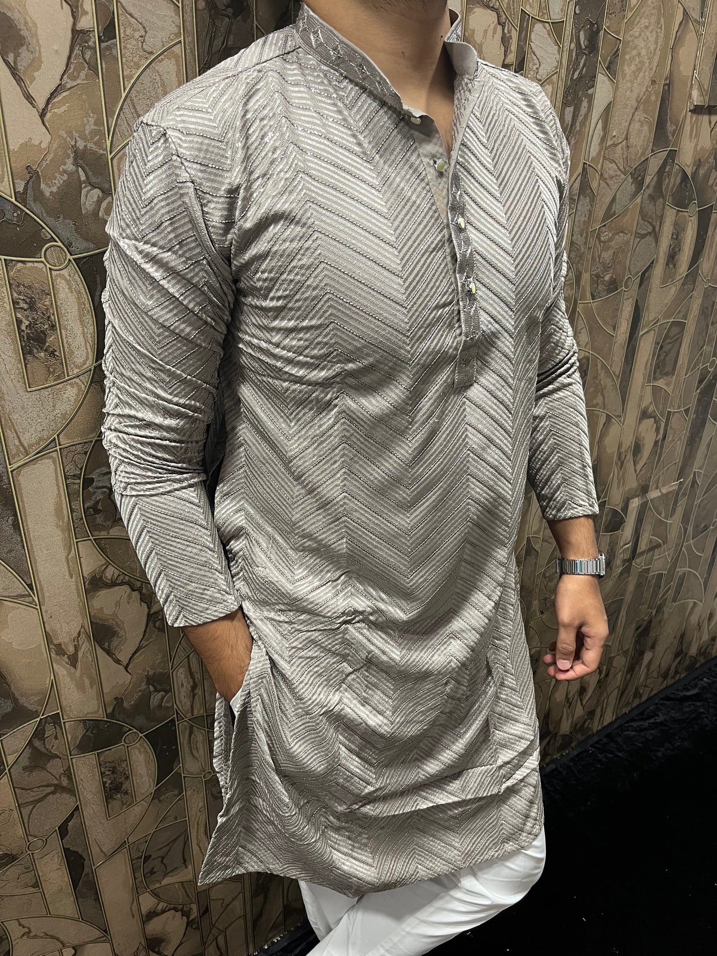 Men’s Festive Grey Kurta – Heavy Chikan with Subtle Sequence & W Pattern A13