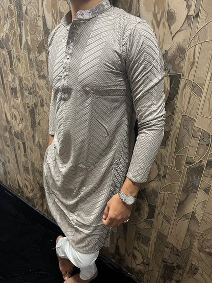 Men’s Festive Grey Kurta – Heavy Chikan with Subtle Sequence & W Pattern A13