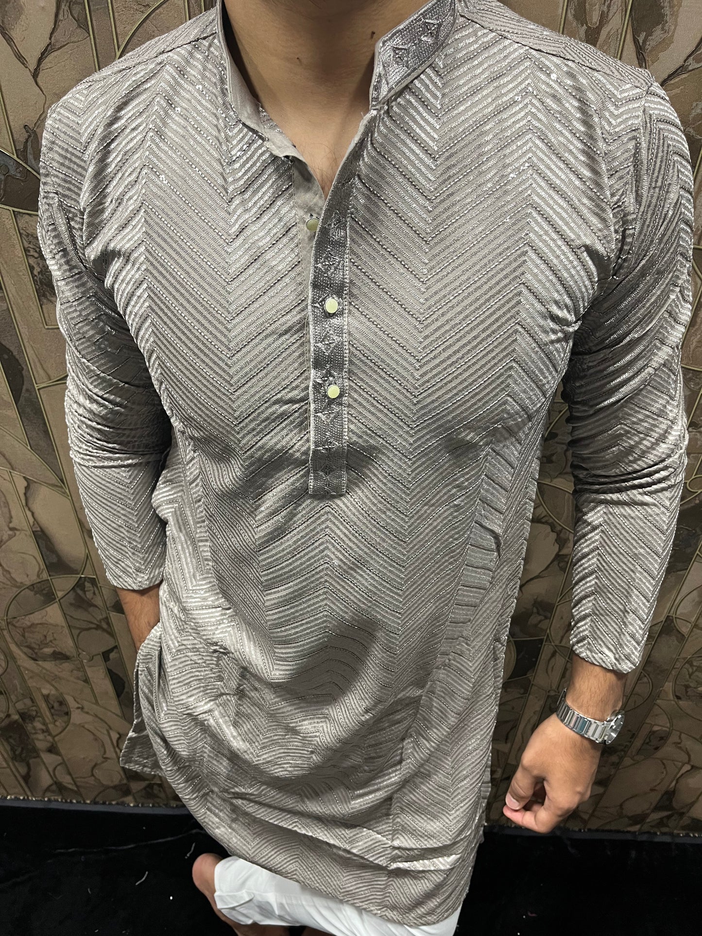 Men’s Festive Grey Kurta – Heavy Chikan with Subtle Sequence & W Pattern A13