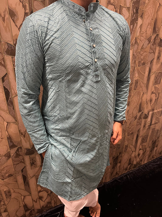 Men’s Festive Grey Kurta – Heavy Chikan with Subtle Sequence & W Pattern A13