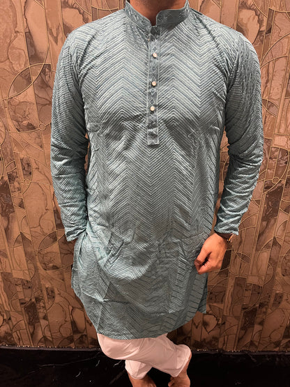 Men’s Festive Grey Kurta – Heavy Chikan with Subtle Sequence & W Pattern A13