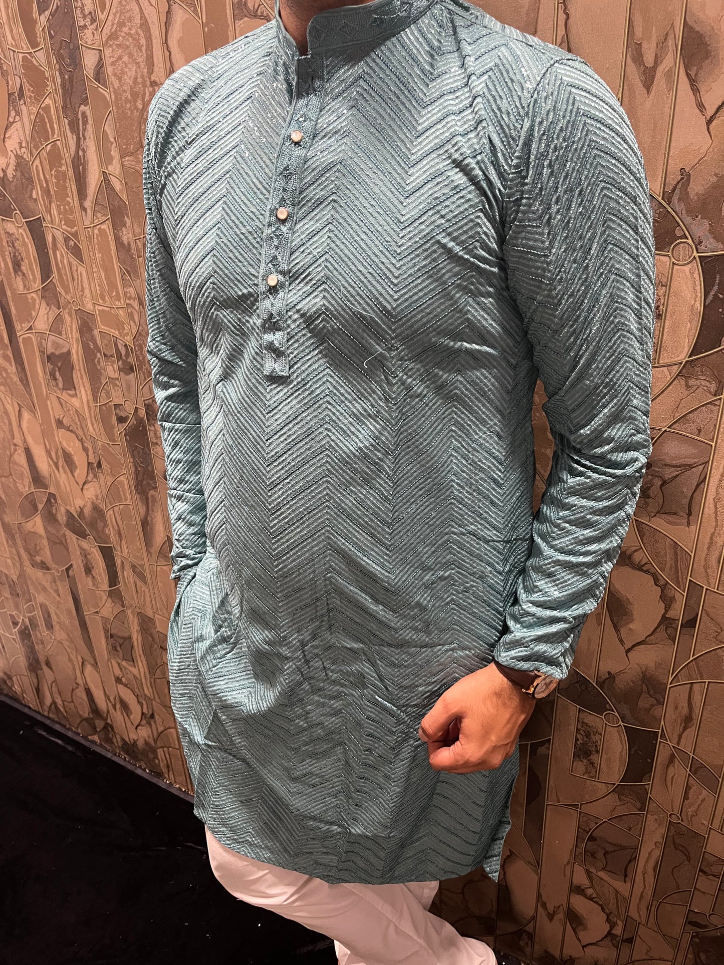 Men’s Festive Grey Kurta – Heavy Chikan with Subtle Sequence & W Pattern A13