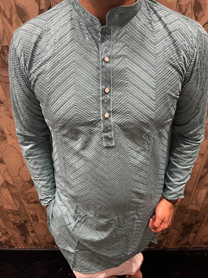 Men’s Festive Grey Kurta – Heavy Chikan with Subtle Sequence & W Pattern A13