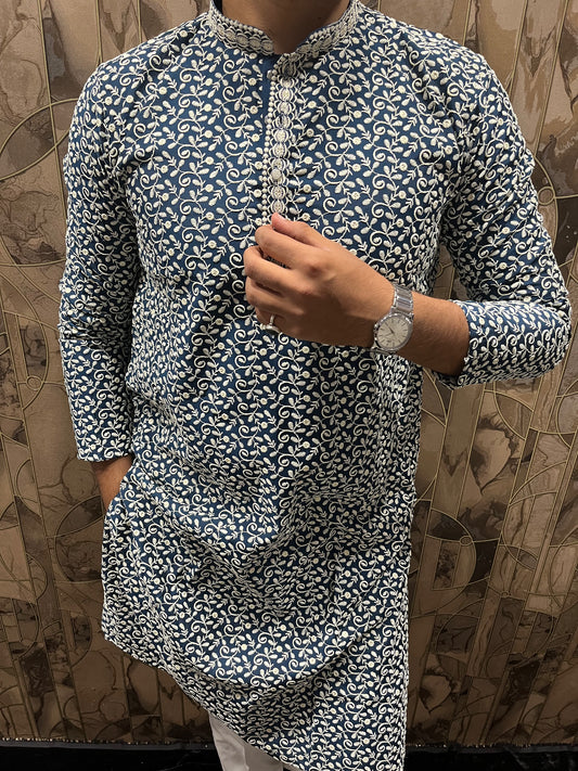 Men’s Cotton Blue and White Kurta – Full Sequence Chikan Work with Chinese Collar - A17