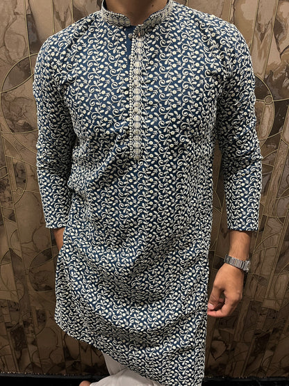 Men’s Cotton Blue and White Kurta – Full Sequence Chikan Work with Chinese Collar - A17