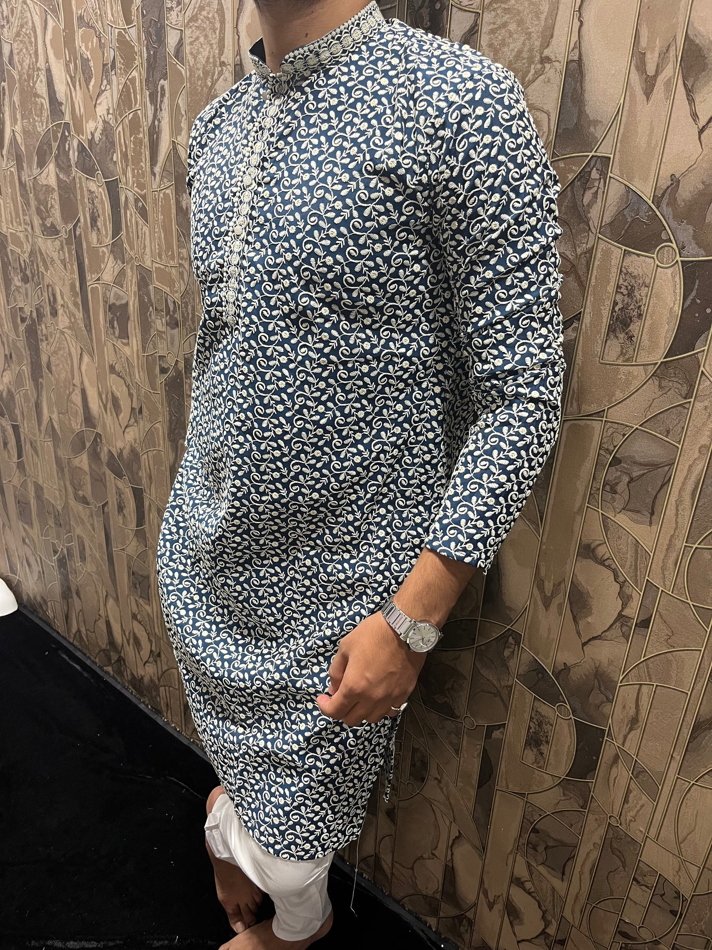 Men’s Cotton Blue and White Kurta – Full Sequence Chikan Work with Chinese Collar - A17