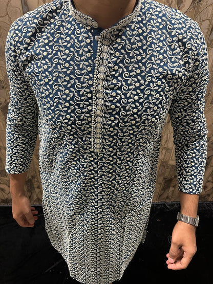 Men’s Cotton Blue and White Kurta – Full Sequence Chikan Work with Chinese Collar - A17