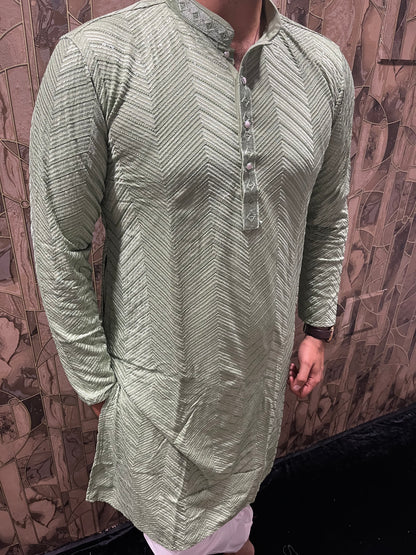 Men’s Festive Aqua Kurta – Heavy Chikan with Subtle Sequence & W Pattern A13