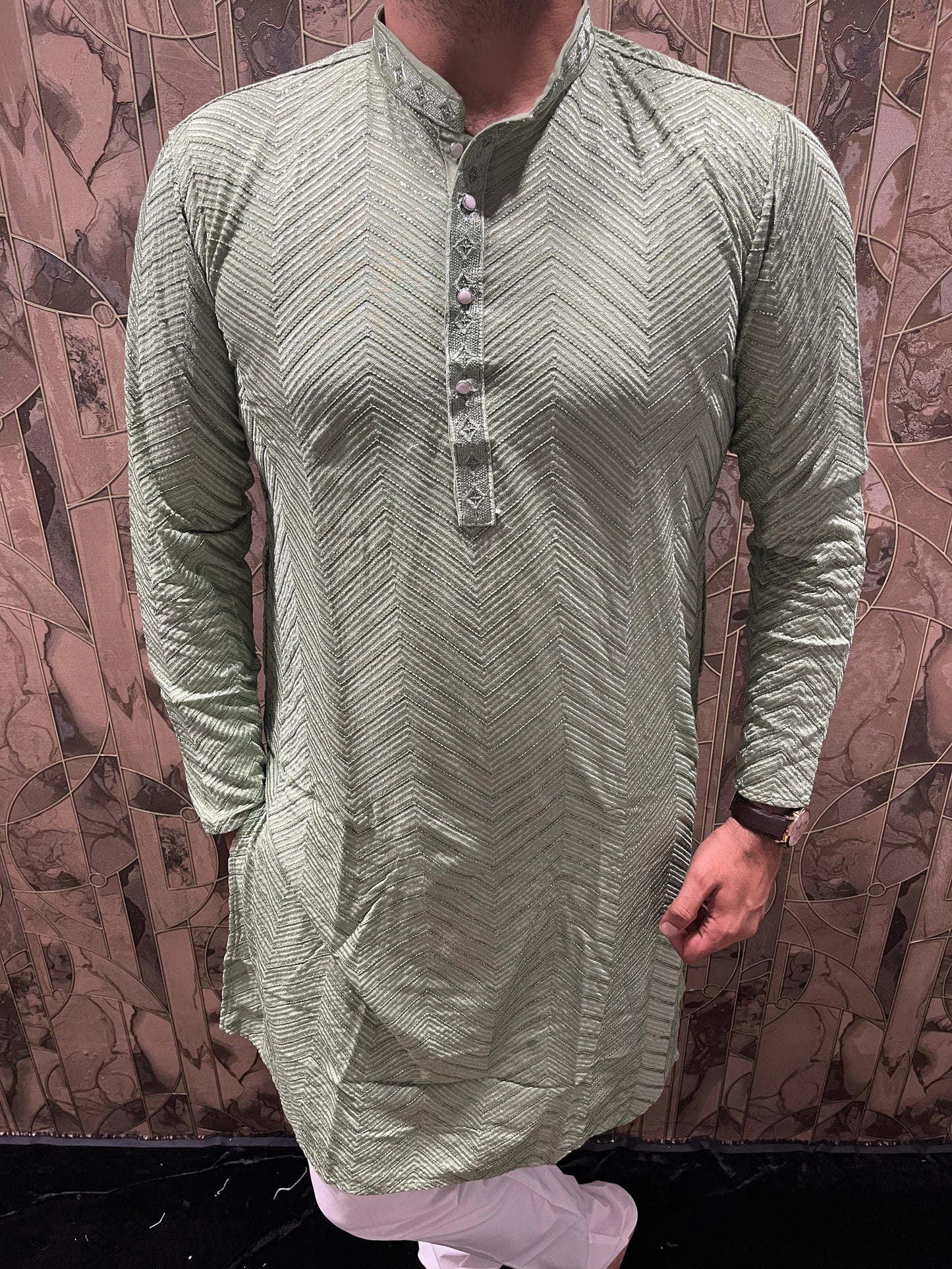 Men’s Festive Aqua Kurta – Heavy Chikan with Subtle Sequence & W Pattern A13