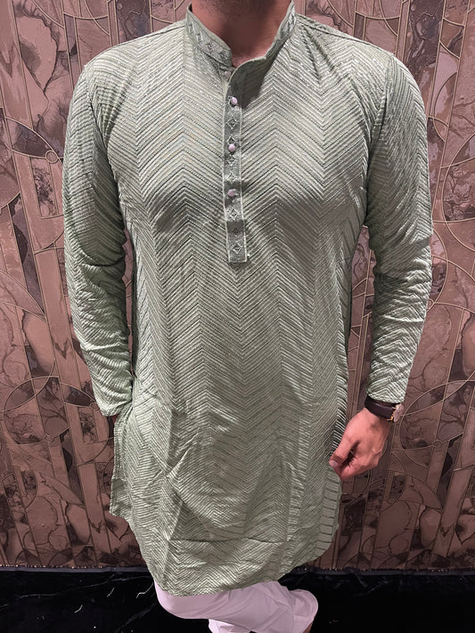 Men’s Festive Aqua Kurta – Heavy Chikan with Subtle Sequence & W Pattern A13