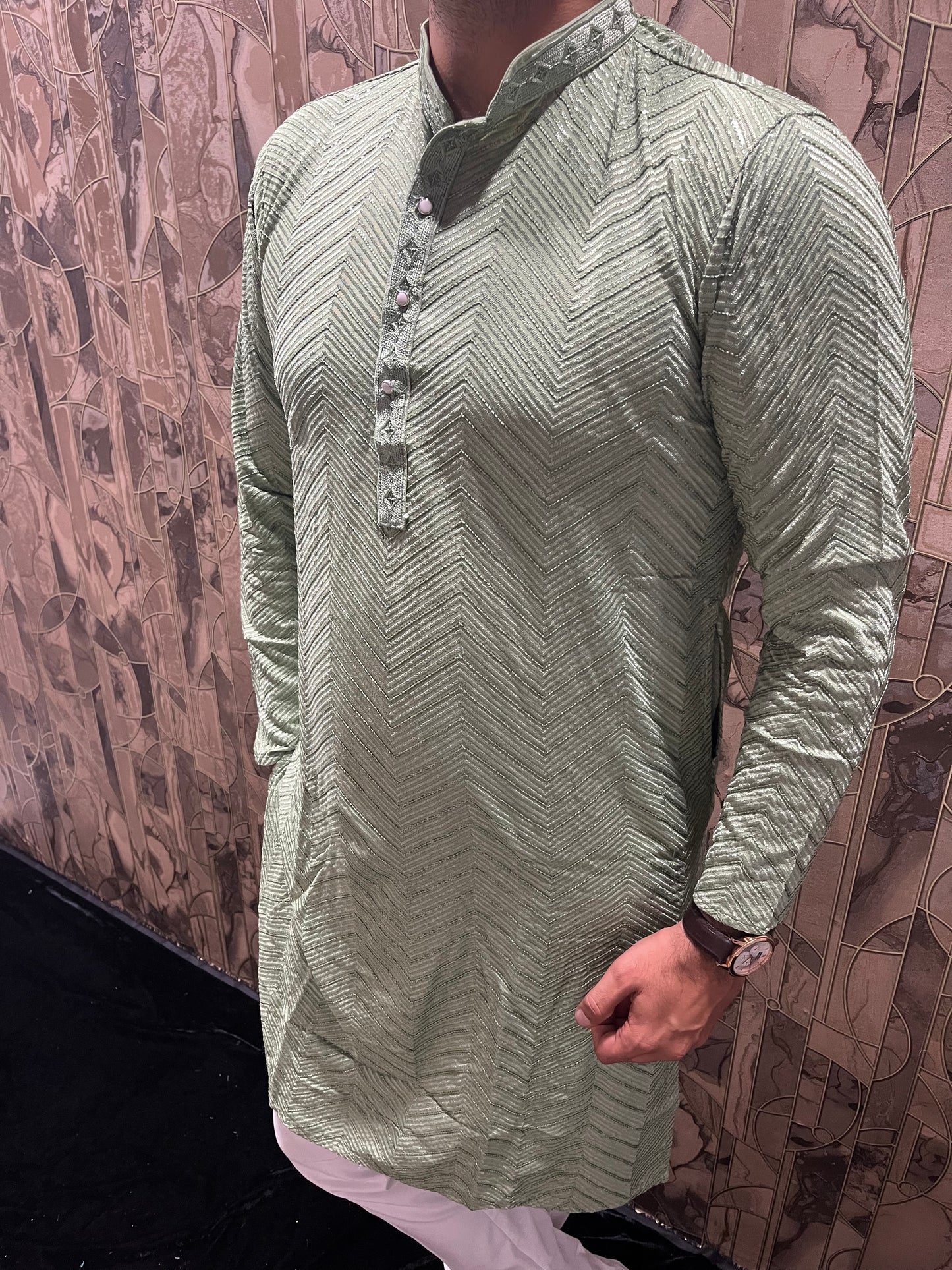 Men’s Festive Aqua Kurta – Heavy Chikan with Subtle Sequence & W Pattern A13