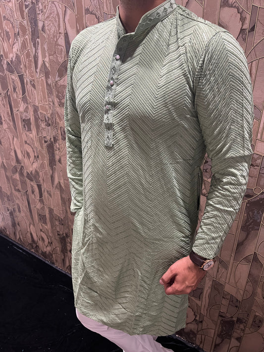 Men’s Festive Aqua Kurta – Heavy Chikan with Subtle Sequence & W Pattern A13