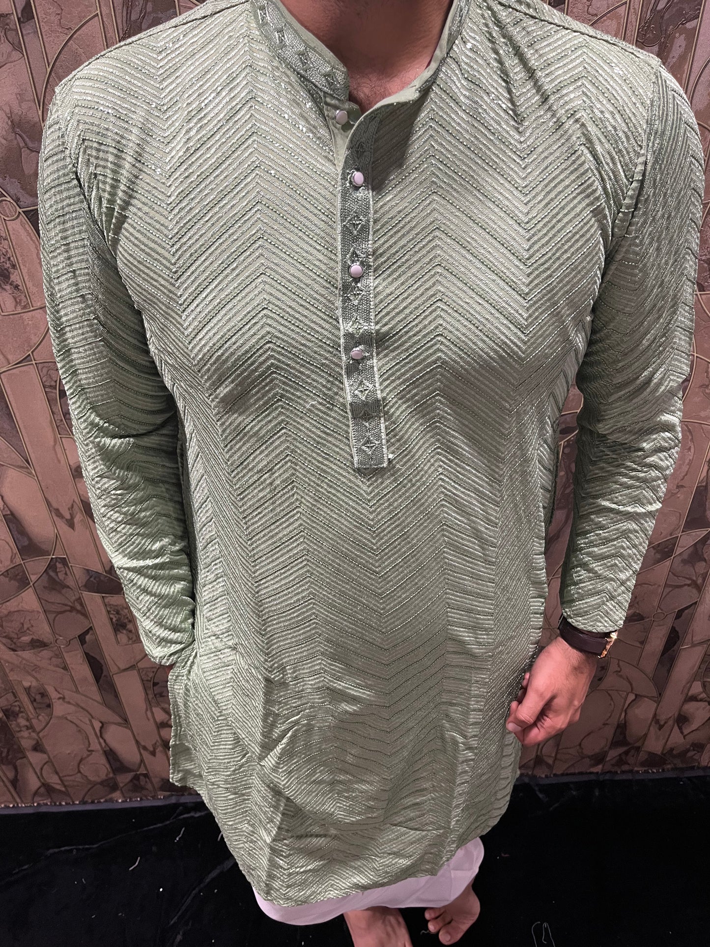 Men’s Festive Aqua Kurta – Heavy Chikan with Subtle Sequence & W Pattern A13